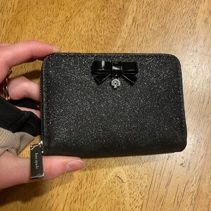 Kate Spade New York | mini wallet | black glitter & bow | inner zip pocket | EUC